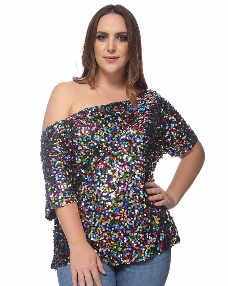Front of a model wearing a size Large One Shoulder Sequin Top in Multicolored by Anna-Kaci. | dia_product_style_image_id:296749